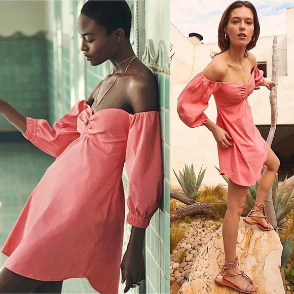 ALC Linen Off Shoulder Puff Sleeve Ruched Sweetheart Neck Smocked Babydoll Dress - Picture 1 of 10